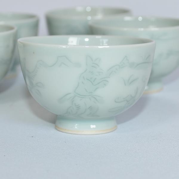 煎茶道 資創庵 手塚善理 白青磁彩刻 鳥獣戯画図 煎茶椀29