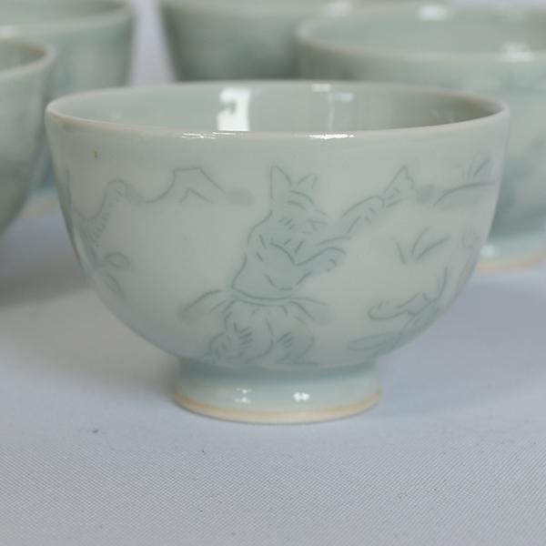 煎茶道 資創庵 手塚善理 白青磁彩刻 鳥獣戯画図 煎茶椀29