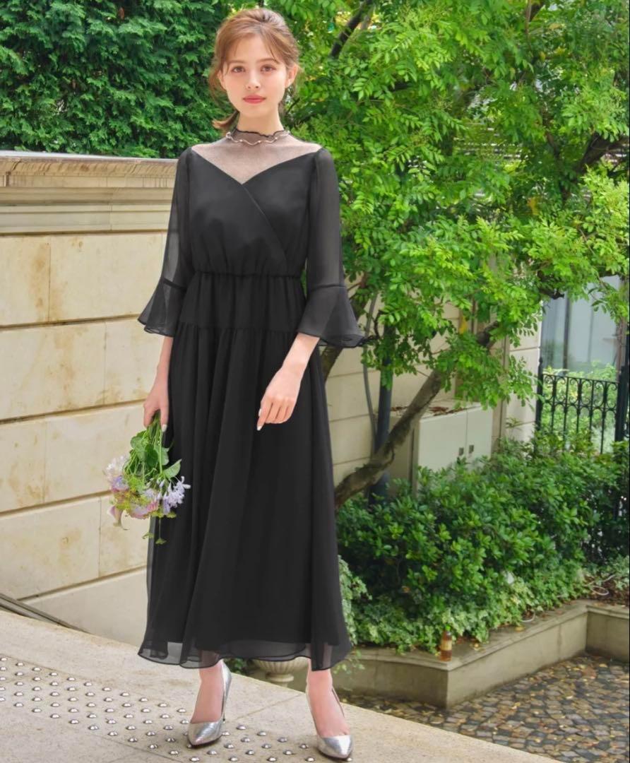 美品⭐︎シフォン&ラメチュールフレアロング丈 ワンピース パーティドレス S