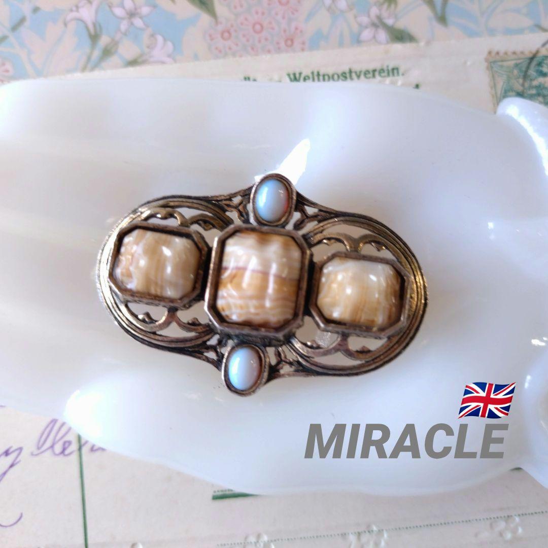 ★専用★3312ヴィンテージ☆英国/MIRACLE/天使のブローチ 英国ヴィンテージ MIRACLE ミラクル 盾 ターコイズカラーガラス