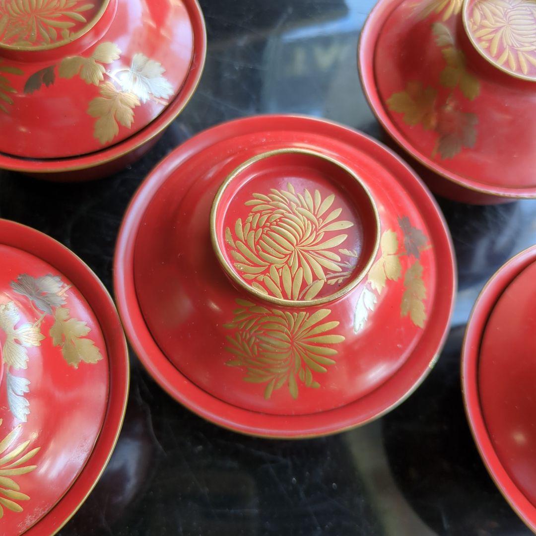 菊蒔絵のお椀　5個 骨董 お椀 蒔絵 小ぶり 菊の花 木製 漆器 蓋付 アンティーク 5つ