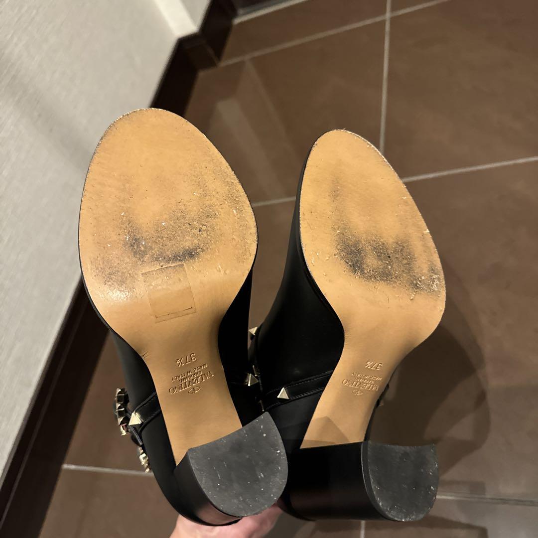 品質が VALENTINO 1/2 37 ブーツ スタッズ付き レザー 黒 靴