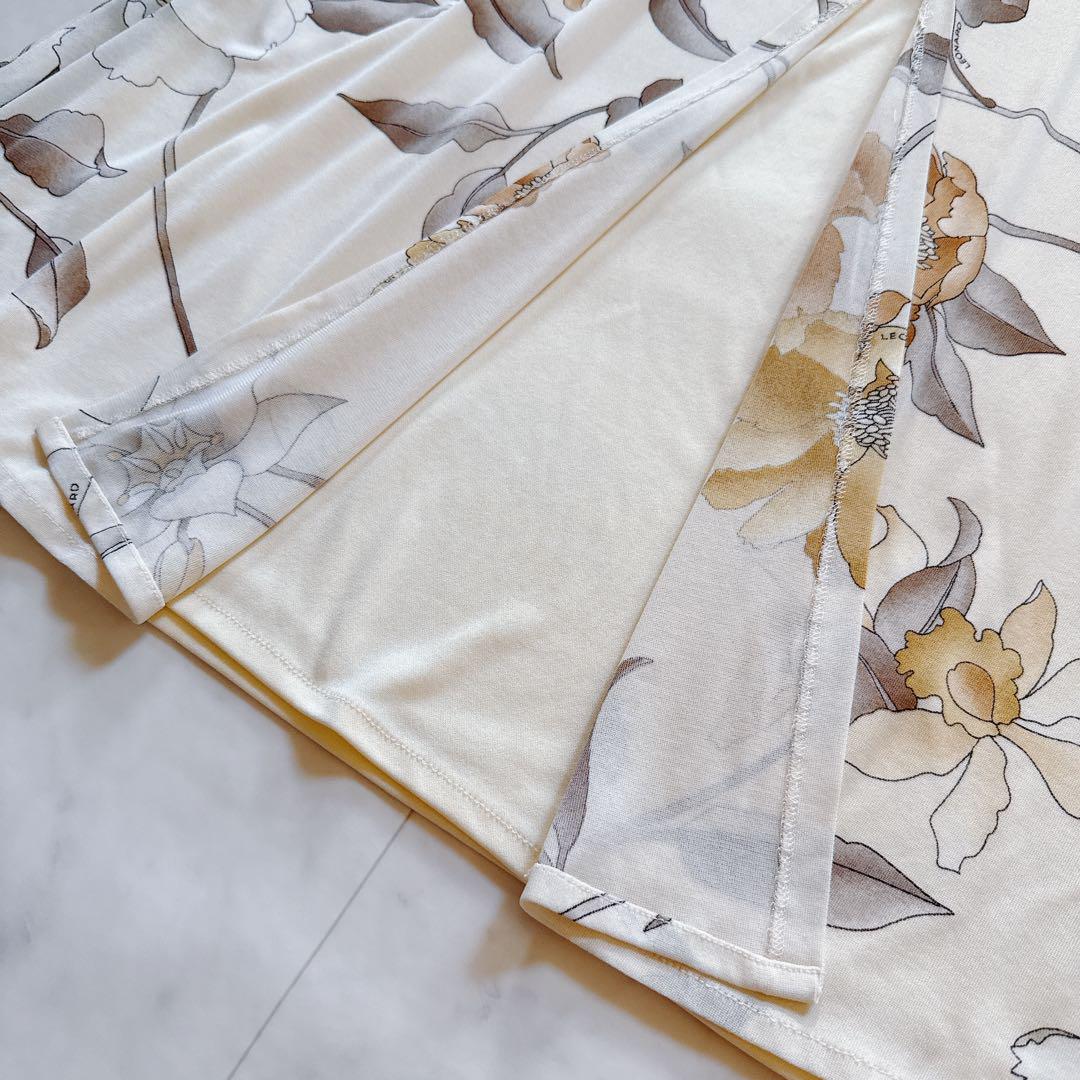 美品✨レオナール　カンカン生地　花柄ワンピース　金ボタン　ネイビー　L 極美品✨レオナール カンカン レイヤードワンピース 花柄 金ロゴ