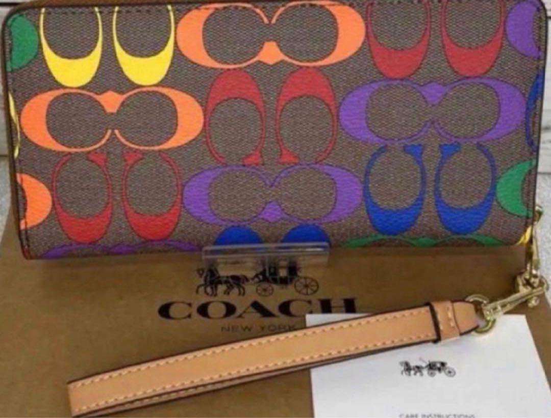 COACH長財布レインボーマルチカラーシグネチャーメンズ　レディースストラップ付 COACH長財布レインボーマルチカラーシグネチャーメンズ