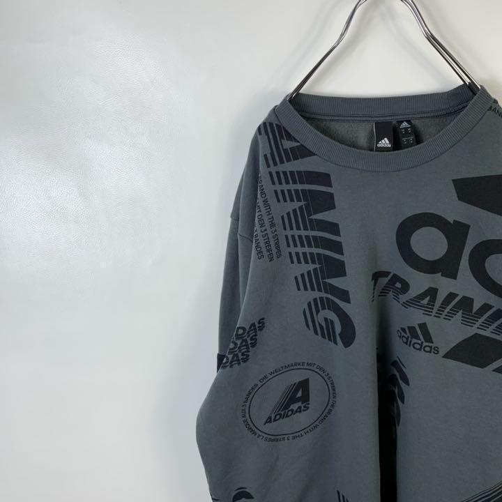 E772 アディダス 総柄 バックロゴ M グレー スウェット トレーナー 古着