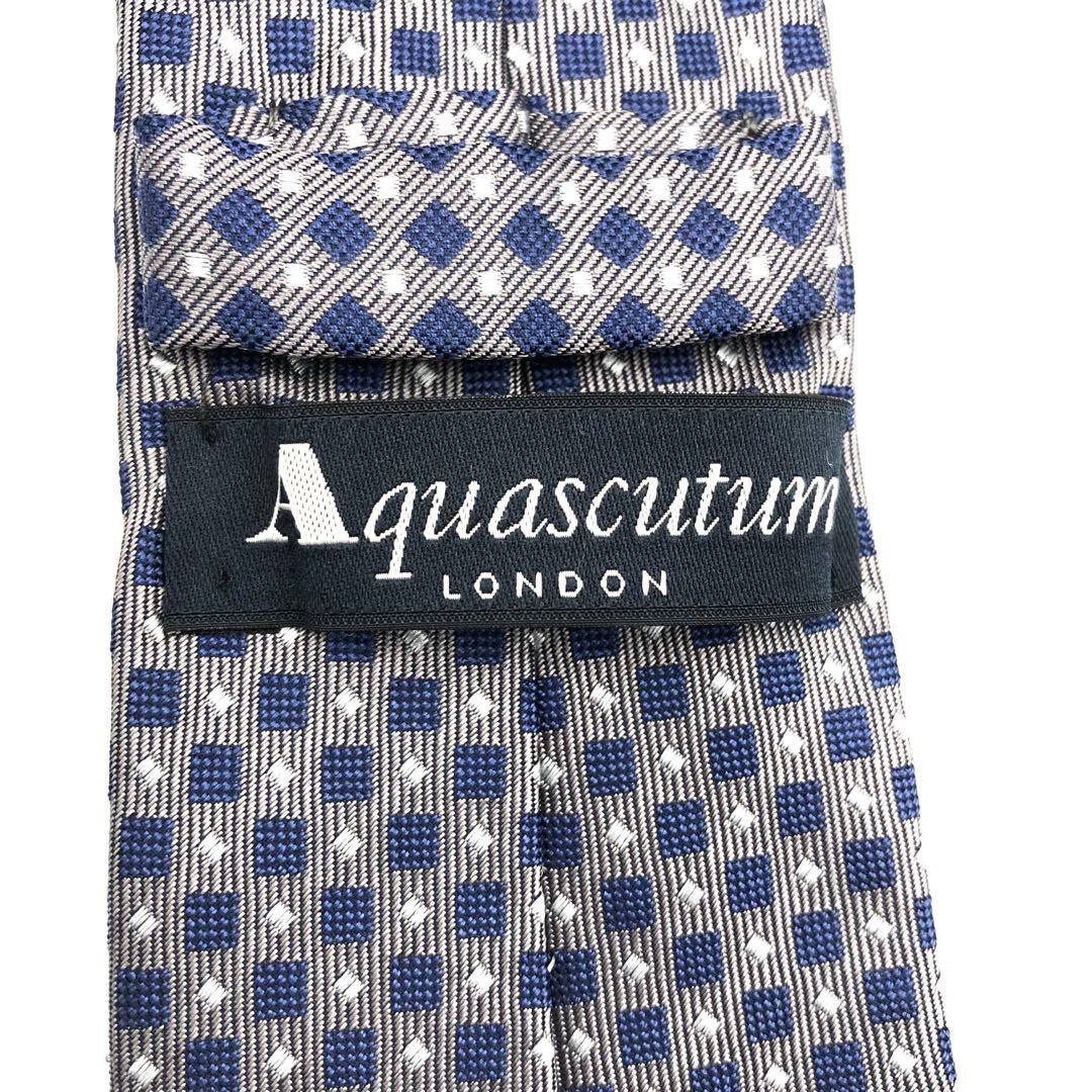【極美品】Aquascutum ネクタイ 格子柄 ドット 光沢感 厚め シルバー