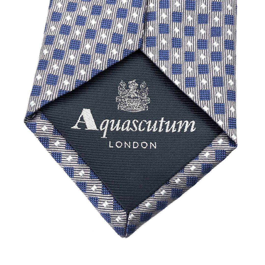 【極美品】Aquascutum ネクタイ 格子柄 ドット 光沢感 厚め シルバー