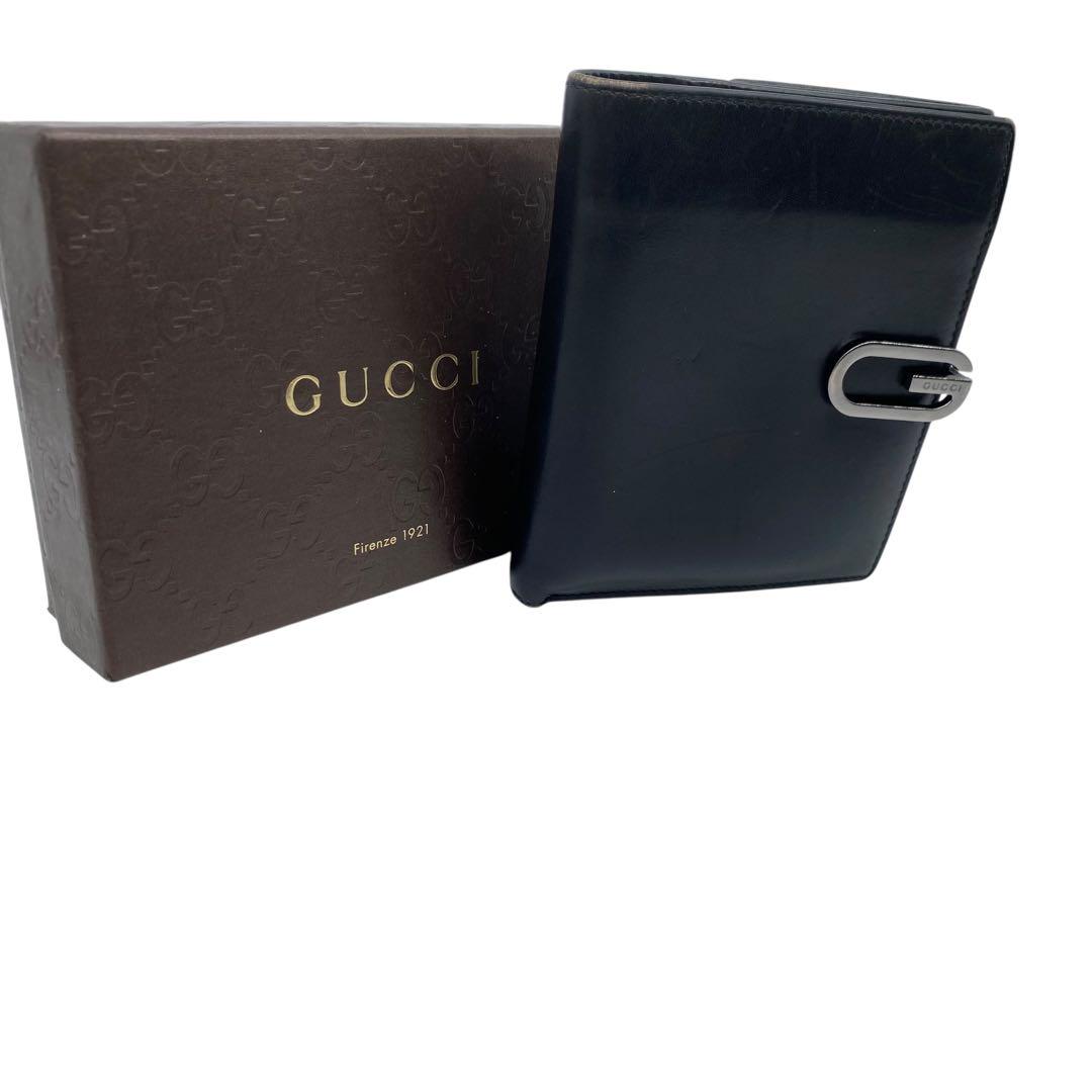 【美品】GUCCI 折り財布　Gロゴ　金具　レザー　黒