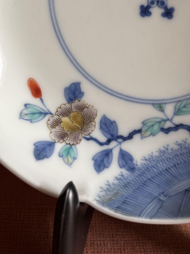 江戸中期柿右衛門作渦福銘色赤絵岩牡丹柴垣文輪花　五寸皿　無キズ