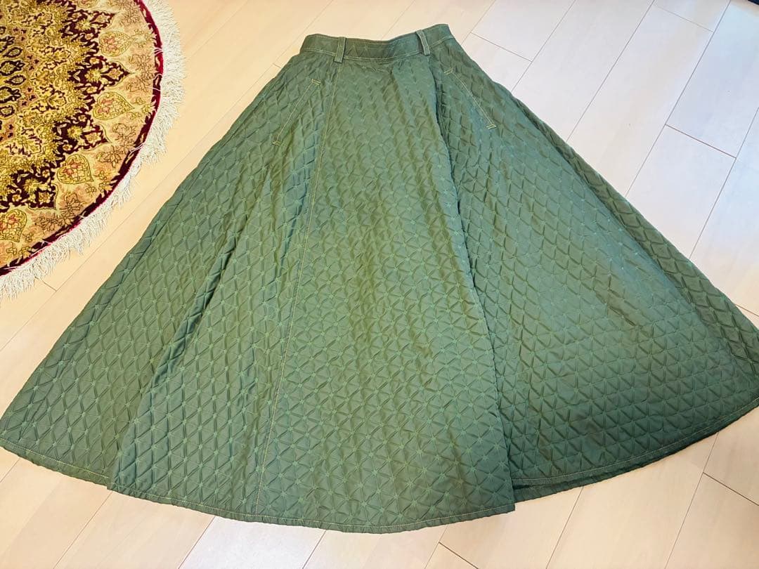 オリーブグリーン キルティング フ ロングスカートM S DOUBLE
