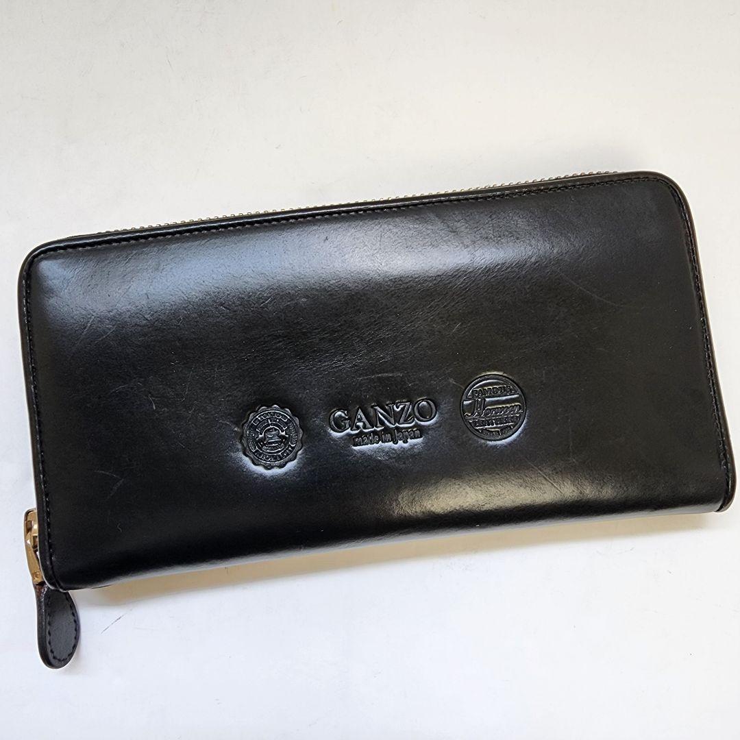 【美品】ガンゾ 長財布 コードバン ラウンドファスナー エンボスロゴ 濃茶系