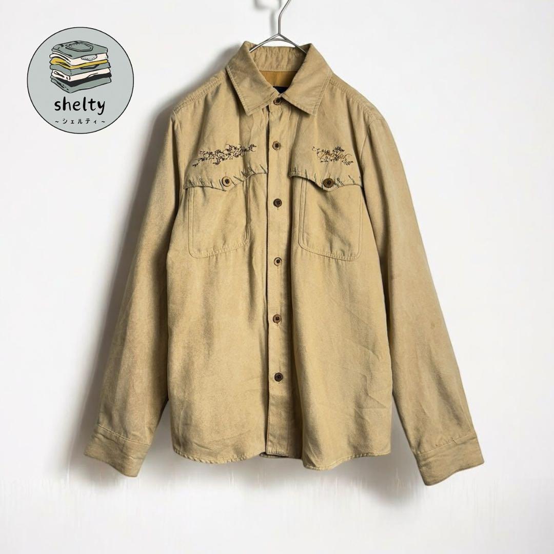 ヴィンテージ 古着 GOTCHA 長袖シャツ ベージュ 刺繍デザイン Mサイズ