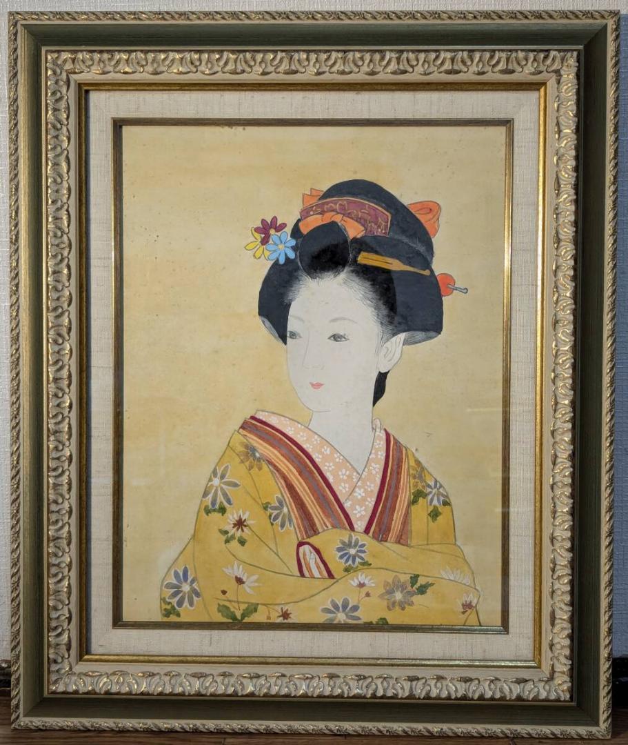 真作】絵画 日本画6号 優美な舞妓の肖像 繊細な筆致の美人画 W33