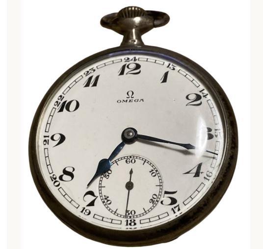 オメガ　銀無垢　懐中時計　3サイン　15石　スモセコ　ブルー針　希少　中古動作品