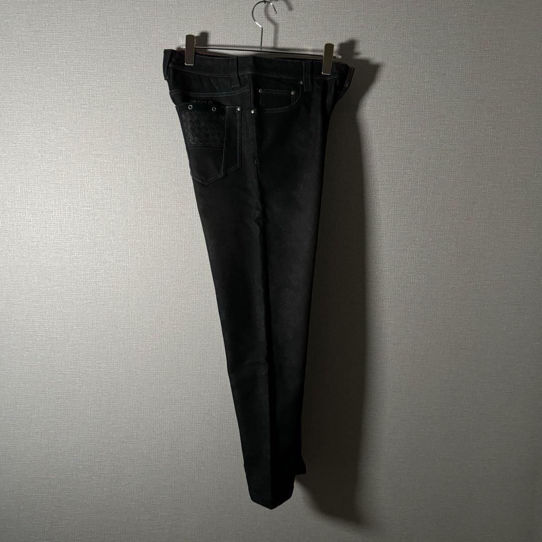 【新品・タグ付】ブラックデニムパンツ ストレッチ サイズ82 牛革 裏起毛