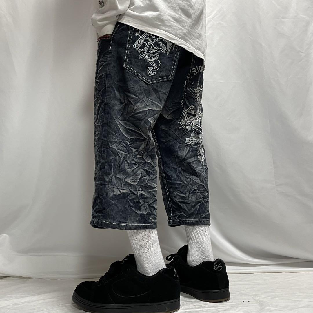 00s y2k 十字架 龍 刺繍 チェック ウォッシュ バギーデニム 平成 B系