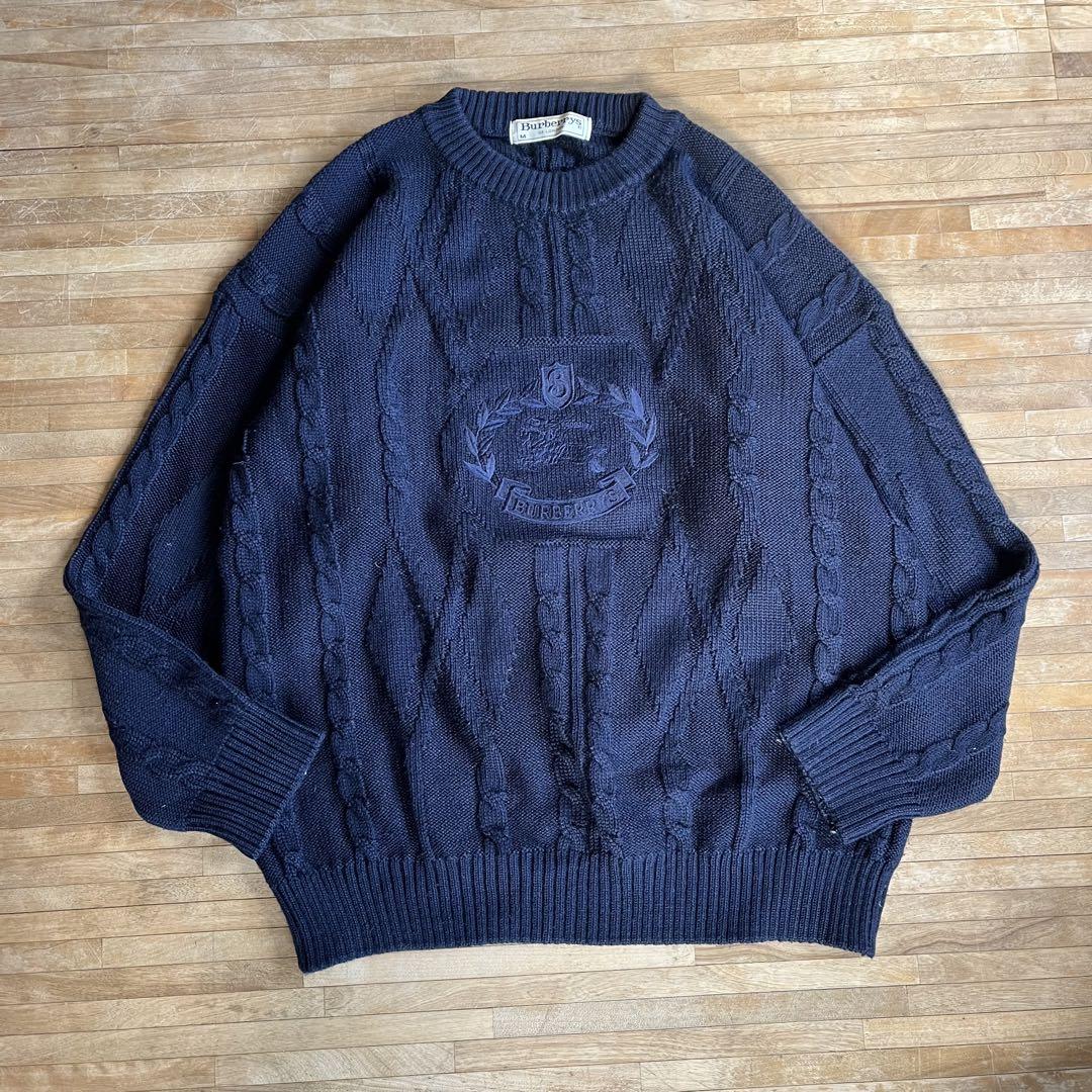 Burberry バーバリー刺繍ナイトロゴ ケーブル編みニットセーター90s