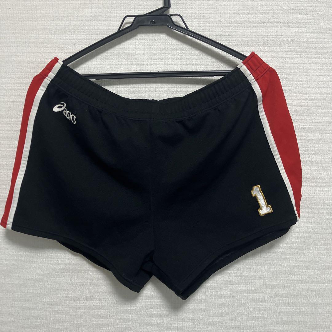 asics サイドストライプ パンツ 黒/赤 番号1