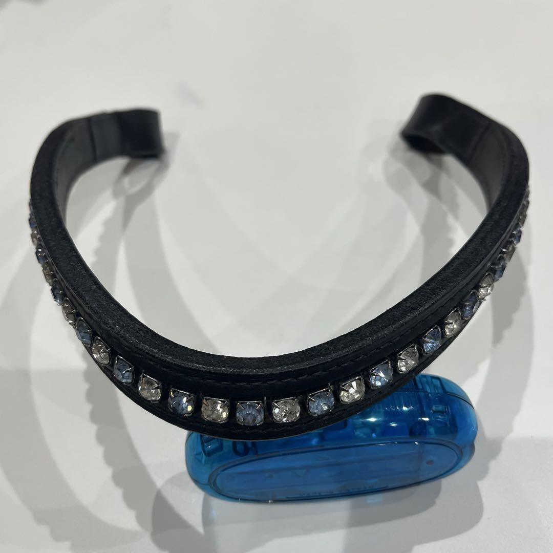 乗馬用品　頭絡　額革　ブルーラインストーン　本革　黒色