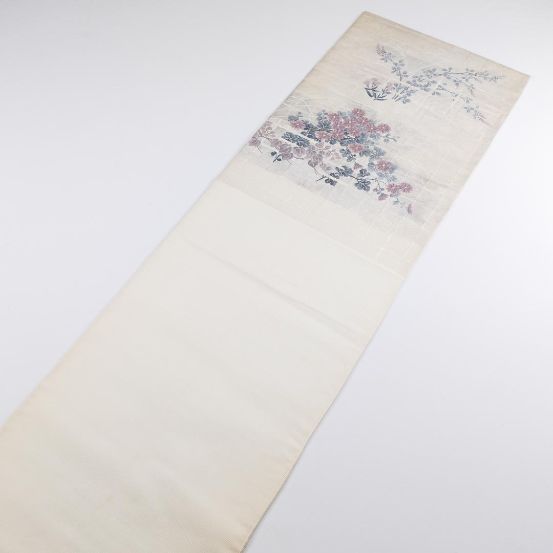 R7SK749 袋帯 紗 夏帯 生成り ゴールド 紫 草花 格子 六通柄
