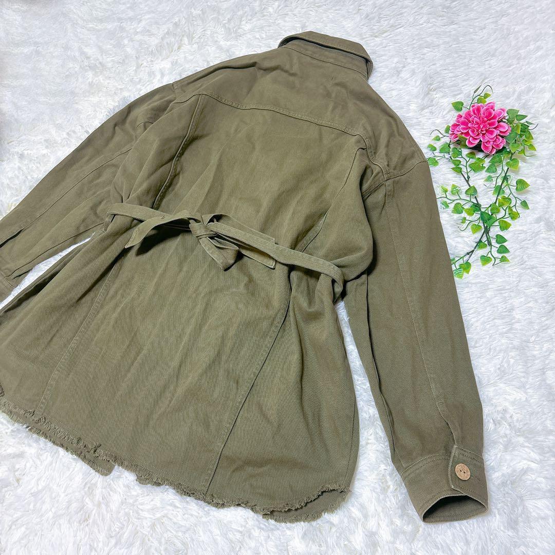 3657ザラ【L】デニム風シャツジャケット 厚手 ベルト付き