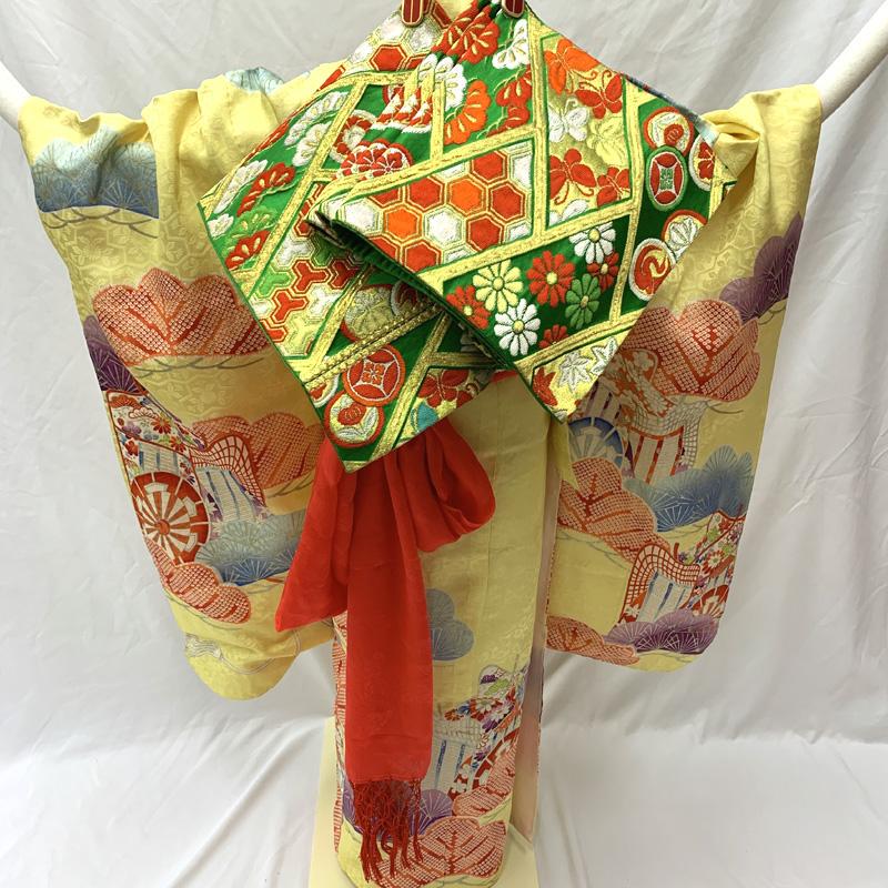 406ag61□七五三 七歳 女児 着物&袋帯&長襦袢 金彩 鼓文□美品 507ag60□七五三 七歳 女児 着物&袋帯 金彩 鈴 蝶□状態良好