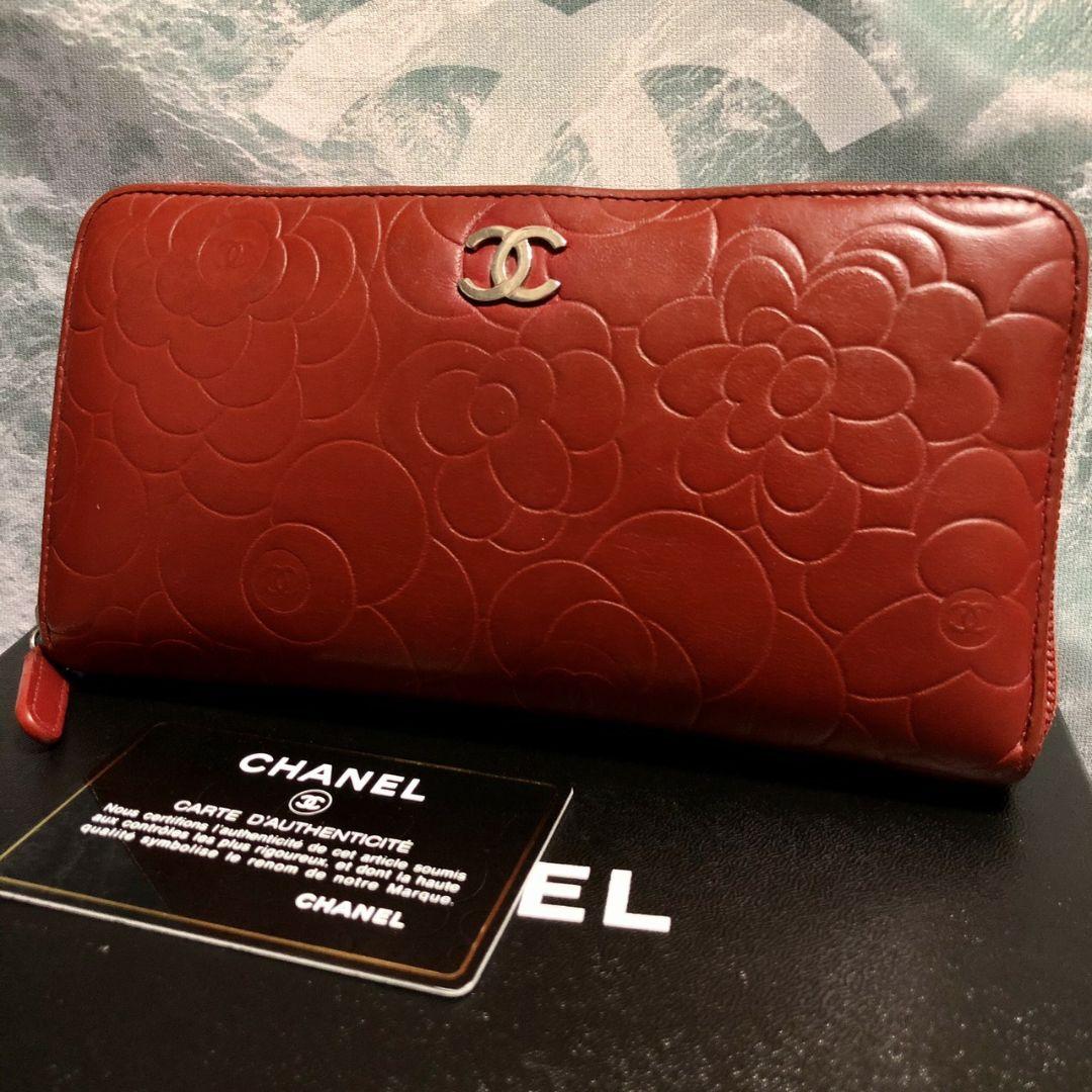 正規品！美品！CHANEL シャネル レッド カメリア型押し 長財布