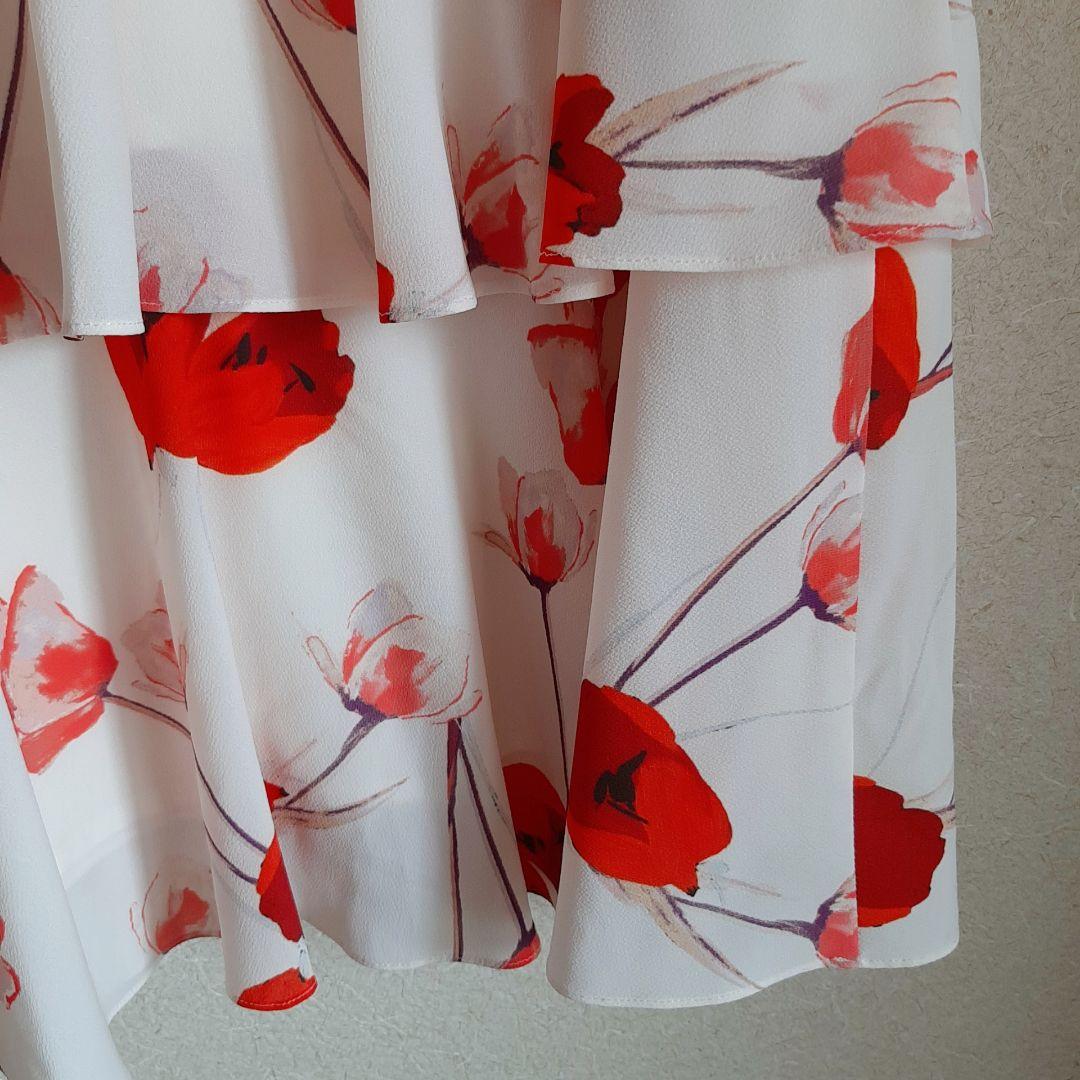 Adonisis フラワープリントティアードフレアスカートオレンジチューリップ柄