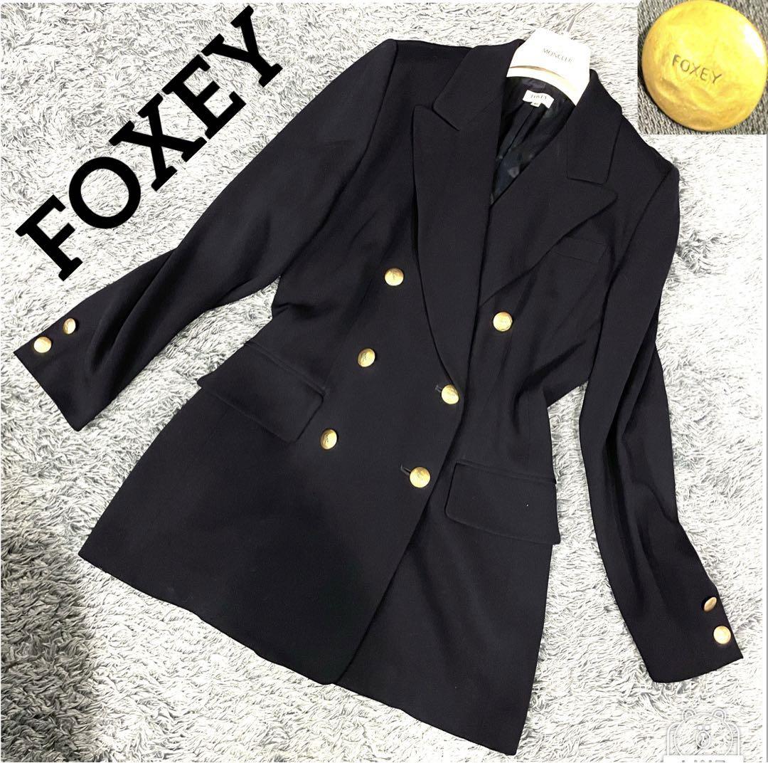 【美品】FOXEY 紺ブレ ダブル ブレザー 金ボタン ロゴボタン ネイビー