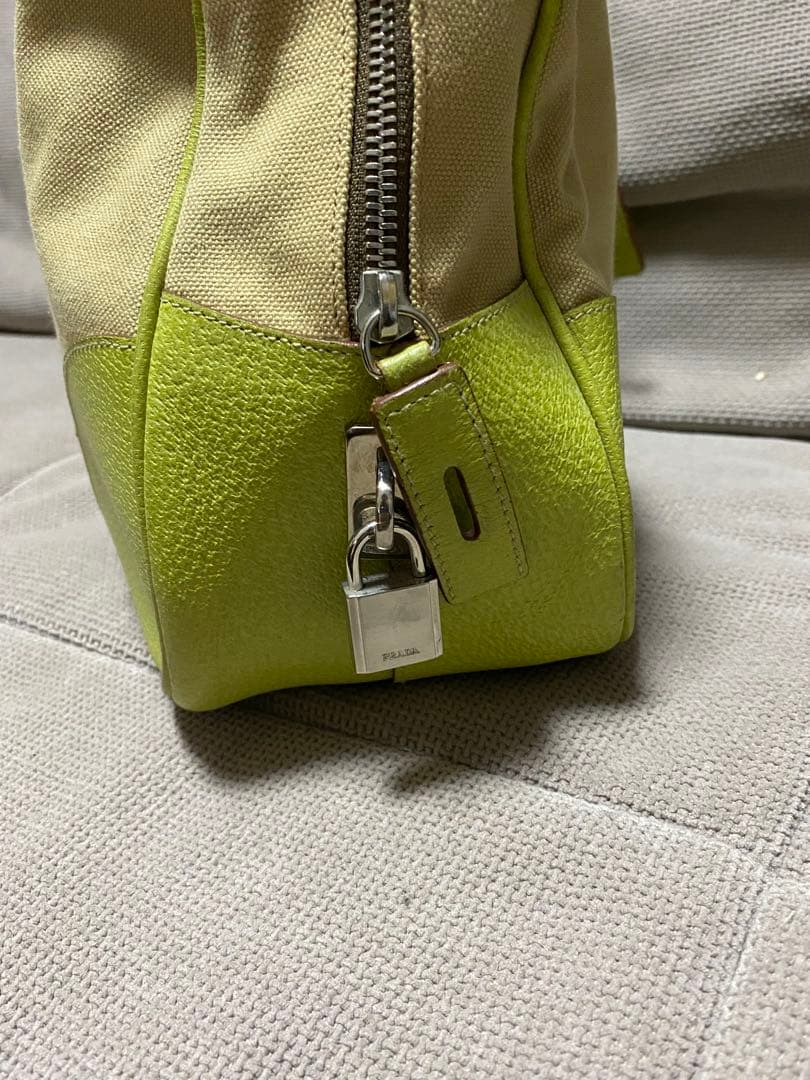 PRADA;プラダ キャンバス×レザー ライムイエロー ベージュ トートバッグ PRADA;プラダ キャンバス×レザー ライムイエロー ベージュ トートバッグ