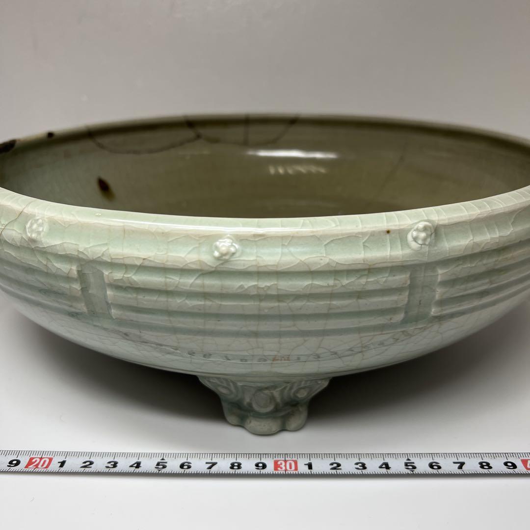 【在庫あり/即出荷可】 龍泉窯 中国元時代 七官青磁 東さ7-0705 幅約33㎝タサオ 足付鉢 その他