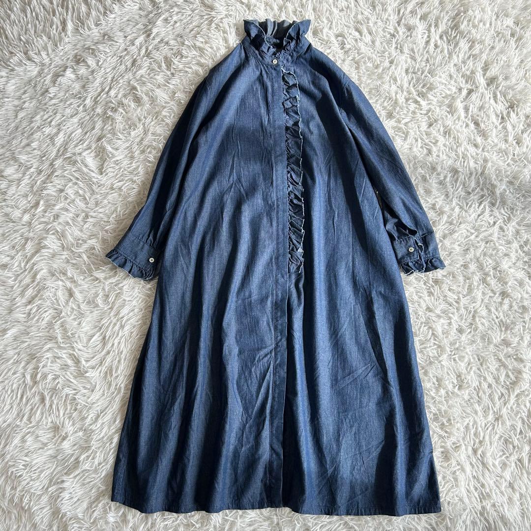 美品　ichi イチ　ロングワンピース　フリル　デニム　青　F