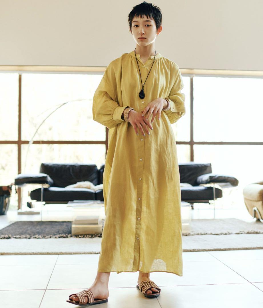 美品 アーバンリサーチ リネン混 ストレートロングワンピース イエロー M 麻 美品 アーバンリサーチ リネン混 ストレートロングワンピース