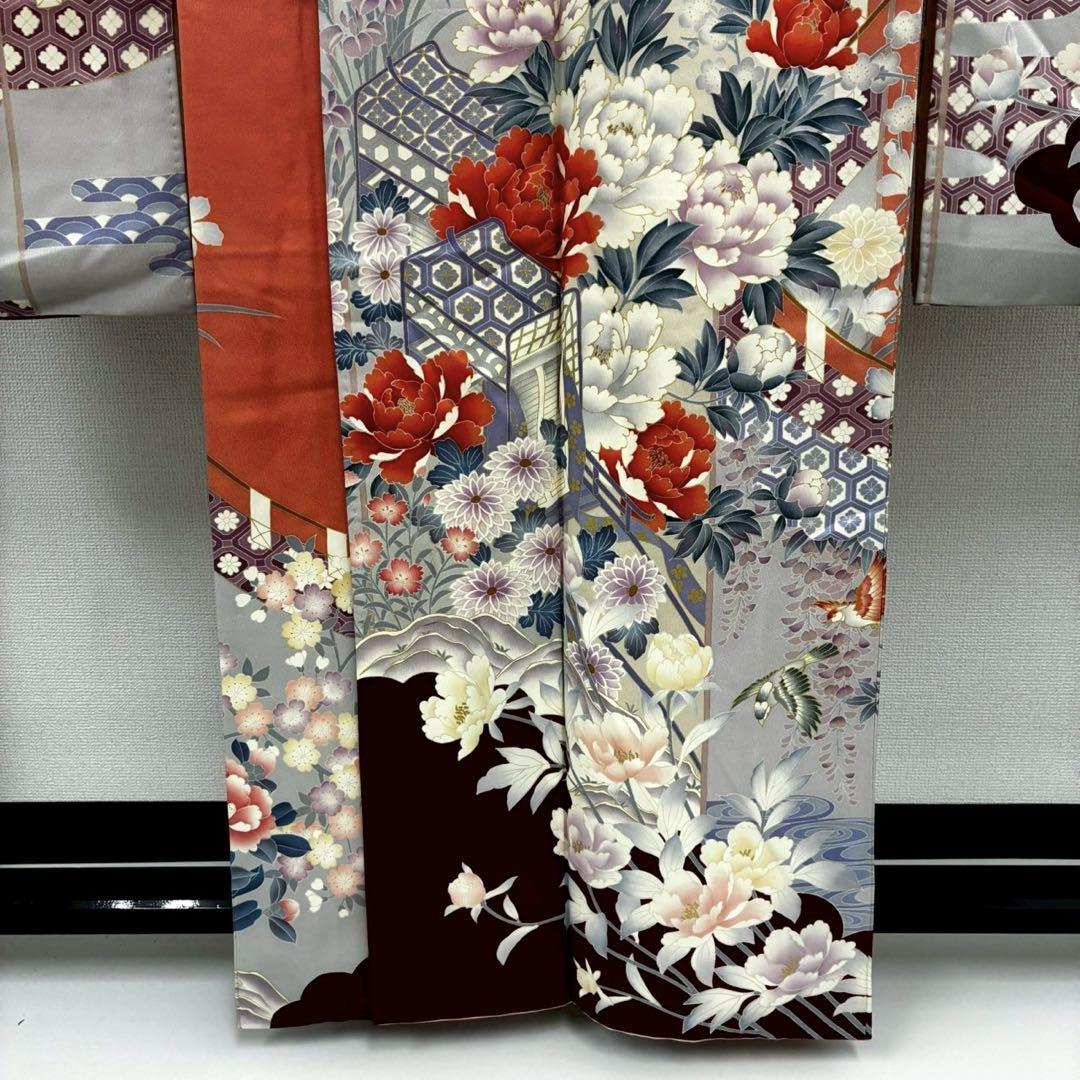 振袖 正絹 着物 単品 仕立て上がり 百花繚乱 ラメ 刺繍 赤色 NO39598