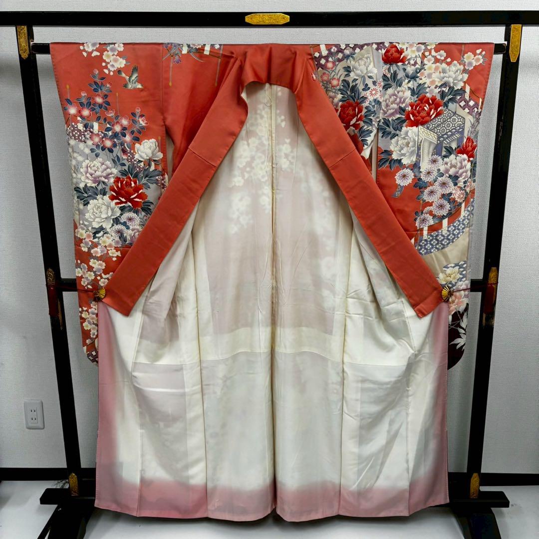 振袖 正絹 着物 単品 仕立て上がり 百花繚乱 ラメ 刺繍 赤色 NO39598