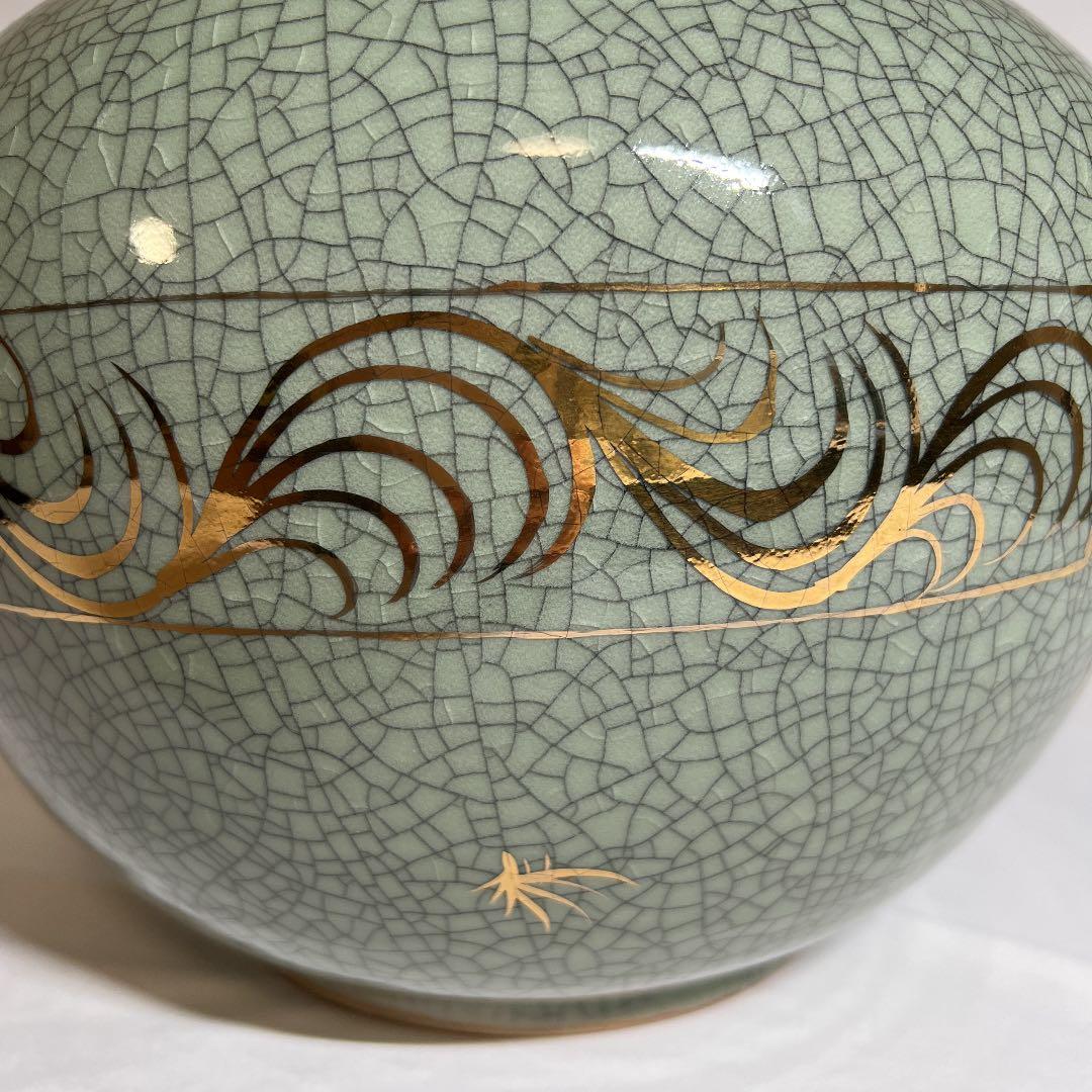 福島県 大堀相馬焼 青ひび 金駒 花器 花瓶 壺 縁起物 相馬焼 明月窯 馬 青ヒビ 福島 花瓶 花器 壷 陶器 高さ25cm 030107w⁄