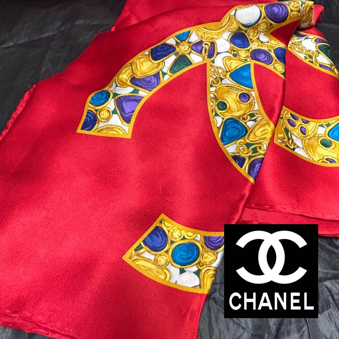 CHANEL★silk100％スカーフ レッドカラー