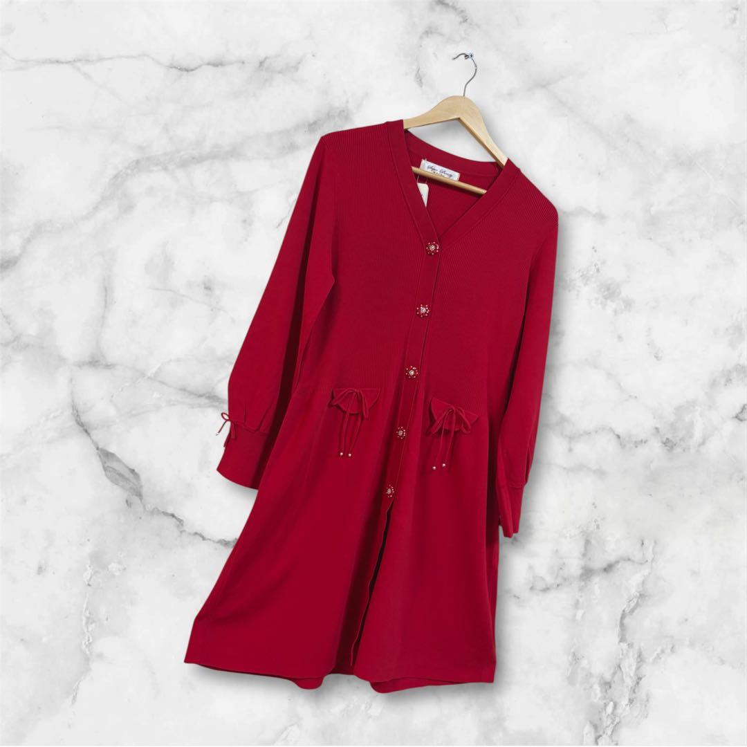 24200円スーパービューティー リボン パール ビジューカーディガン 44XL LL super beauty