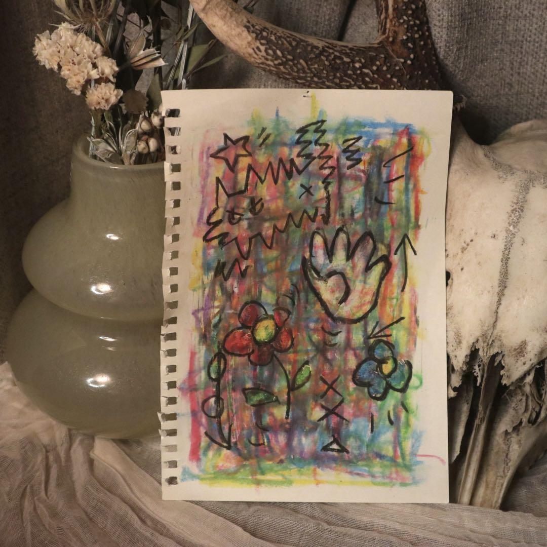 595】 オリジナル 手描きイラスト お花 静物 クレヨン画 直筆