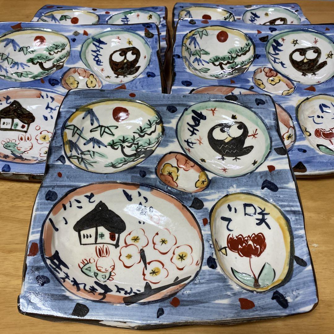 手づくり工房　夕立窯　角皿②③④⑨⑩　カラフルなウサギ絵柄　角皿5点 快適ハンドメイド・手芸 - 手づくり工房 夕立窯 角皿②③④⑨⑩