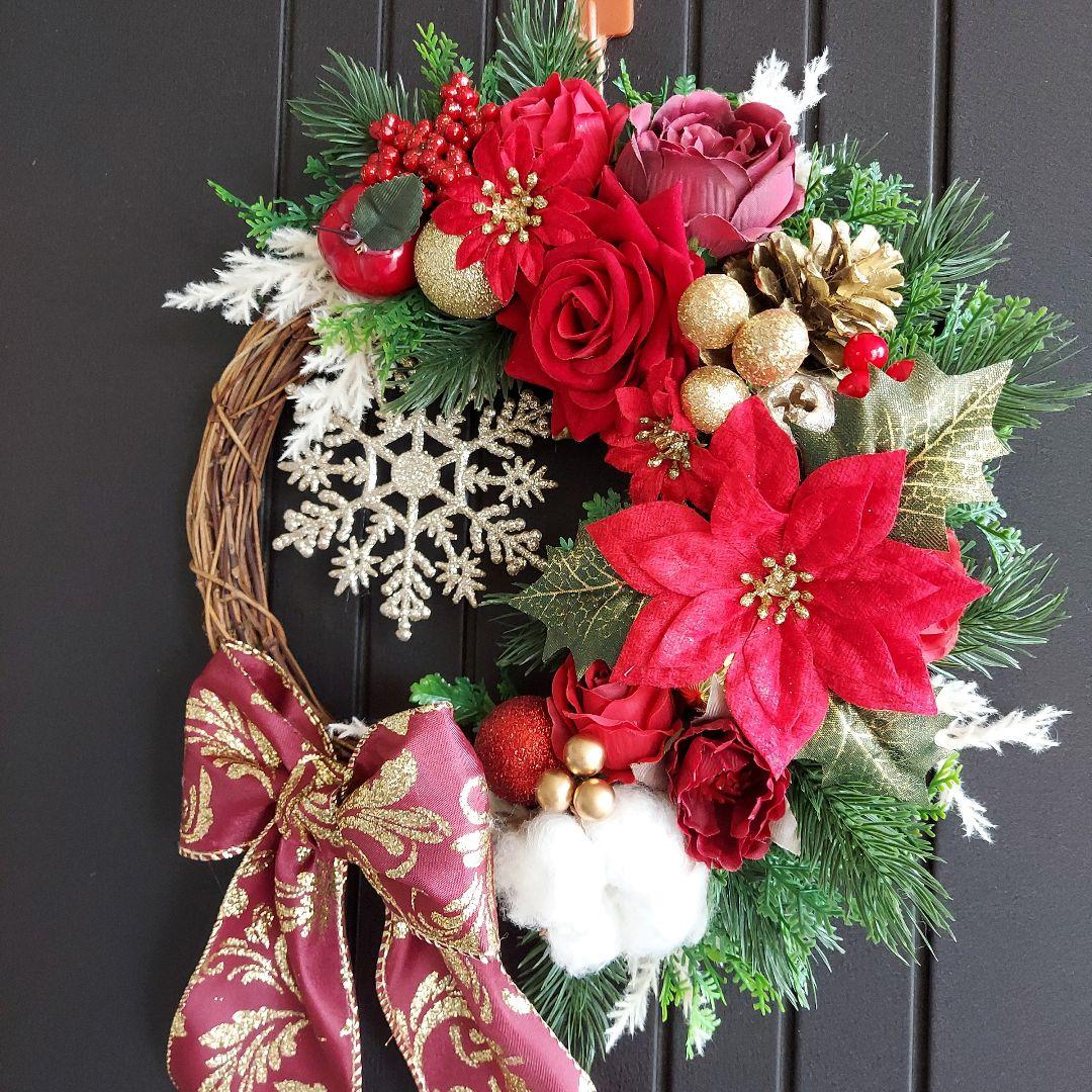 フラワーリース 秋麗7 華やかなクリスマスB クリスマスリース 造花 玄関リース