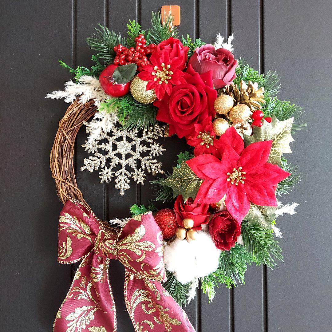フラワーリース 秋麗7 華やかなクリスマスB クリスマスリース 造花 玄関リース