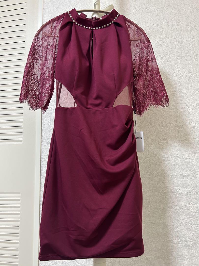 新品　WINERED バーガンディ レーススリーブドレス Sサイズ ミニドレス