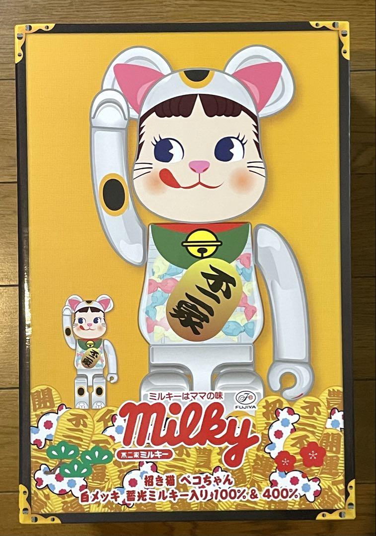 BE@RBRICK 招き猫 ペコちゃん 白メッキ 蓄光ミルキー入り