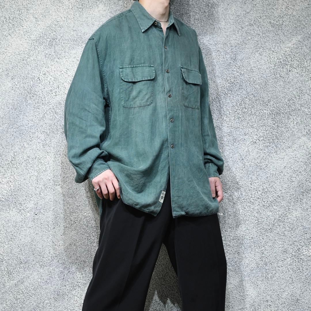 古着 オーバーサイズ リネンシャツ 長袖シャツ シャツ ダークグリーン