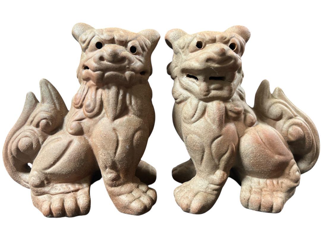 沖縄・名工「新垣榮用・壺屋焼シーサー」狛犬・榮用窯・荒焼・手ひねり・阿吽・銘刻印 琉球 壺屋焼 シーサー 狛犬 唐獅子 沖縄 置物 陶器 獅子 高さ