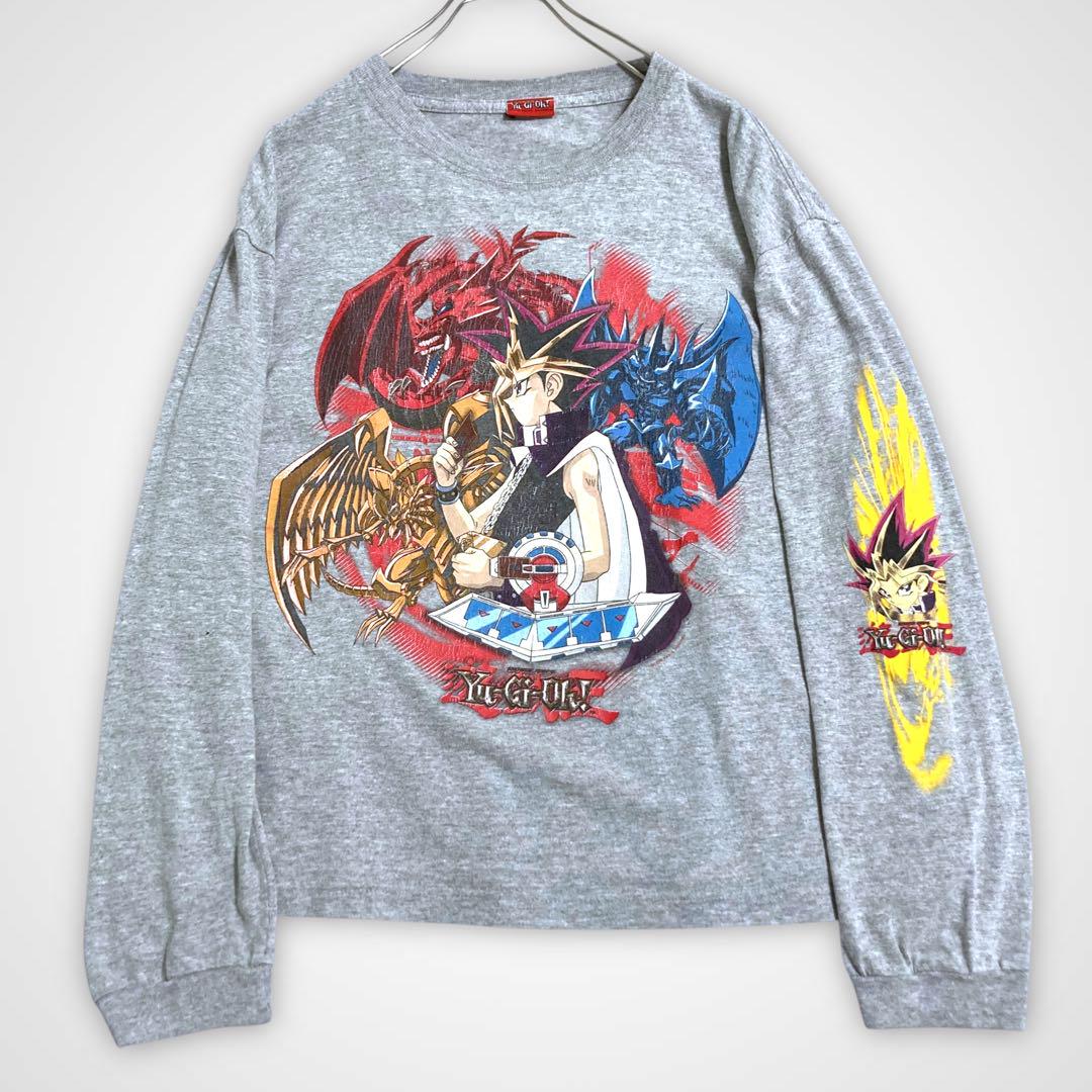 90s 当時物　遊戯王　ロンT アニメTシャツ　キャラクターTシャツ　フェード 90s 1996 遊戯王 三幻神 ロンT tシャツ 長袖 袖プリント L 相当