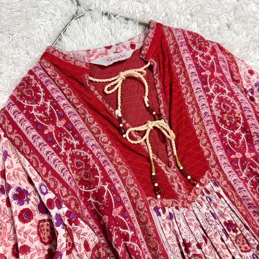 激安ブランド フリーダ 極美品 21SS 赤 フリンジ インド綿 花柄 ワンピース ロング ワンピース