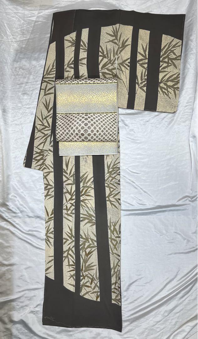 豪華絢爛綺麗身丈165cm裄丈68cm Gベージュ竹正絹訪問着袷広襟★山科春宣★