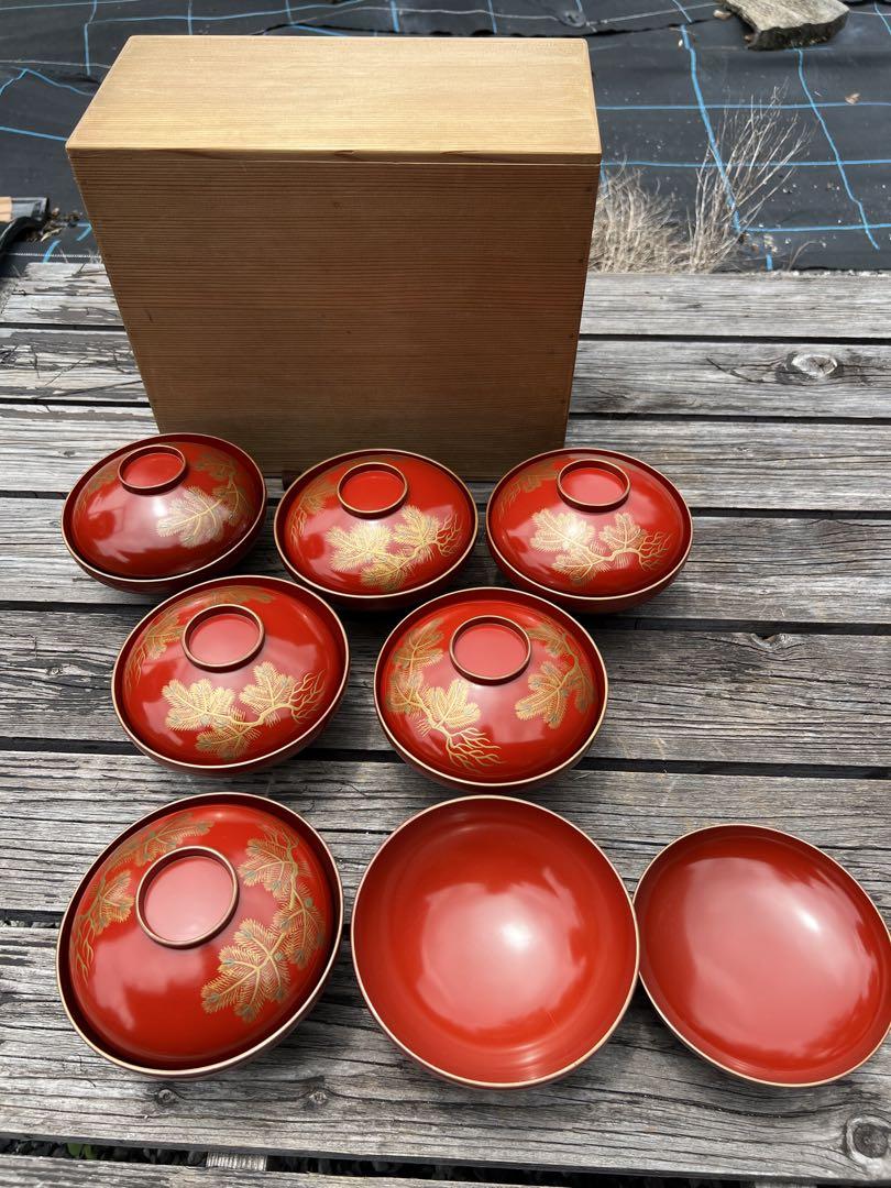 86 輪島塗 朱塗蒔絵椀 7客